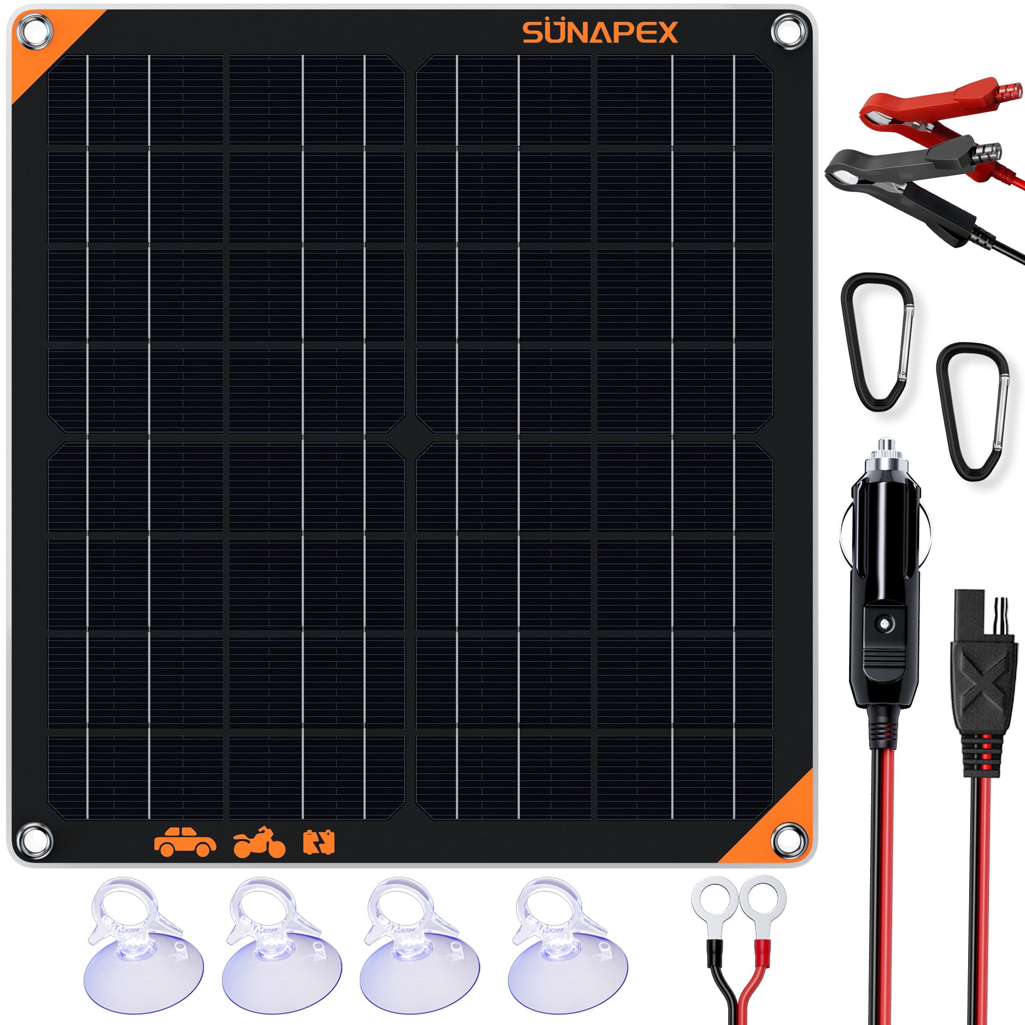 Photo 1 of SUNAPEX 20W 12V Solar Panel Battery Charger Maintainer, Portable Waterproof Solar Trickle Charger with Built-in Charge Controller, Cig Plug, Alligator Clips, O-Rings for Car, Truck,Tractor, Boat, etc