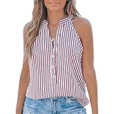 CUPSHE Women Tops Sleeveless Striped V Neck Tank Top Button Front Tee Shirt Casual