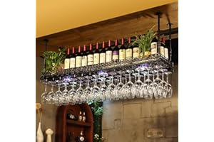Hanging Wine Rackwith Lights, Vintage Wine Glass Decor Rack, Adjustable Height, Metal Ceiling Wine Glass Holder Bottle Storag