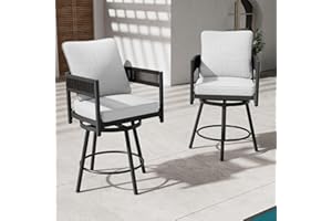 Grand patio Outdoor Swivel Bar Stools Set of 2, 26" Counter Height Swivel Chairs with Metal Frame, Curved Woven Wicker Backrest, Thickened Cushions for Patio, Deck, Balcony (Beige)