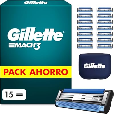 Mach3 Base Pack de 15 Recambios Para Maquinillas De Afeitar Para Hombre, Cuchillas de Afeitar Con 3 Hojas y Banda Lubricante, Compatible Con Todos Los Mangos Mach3