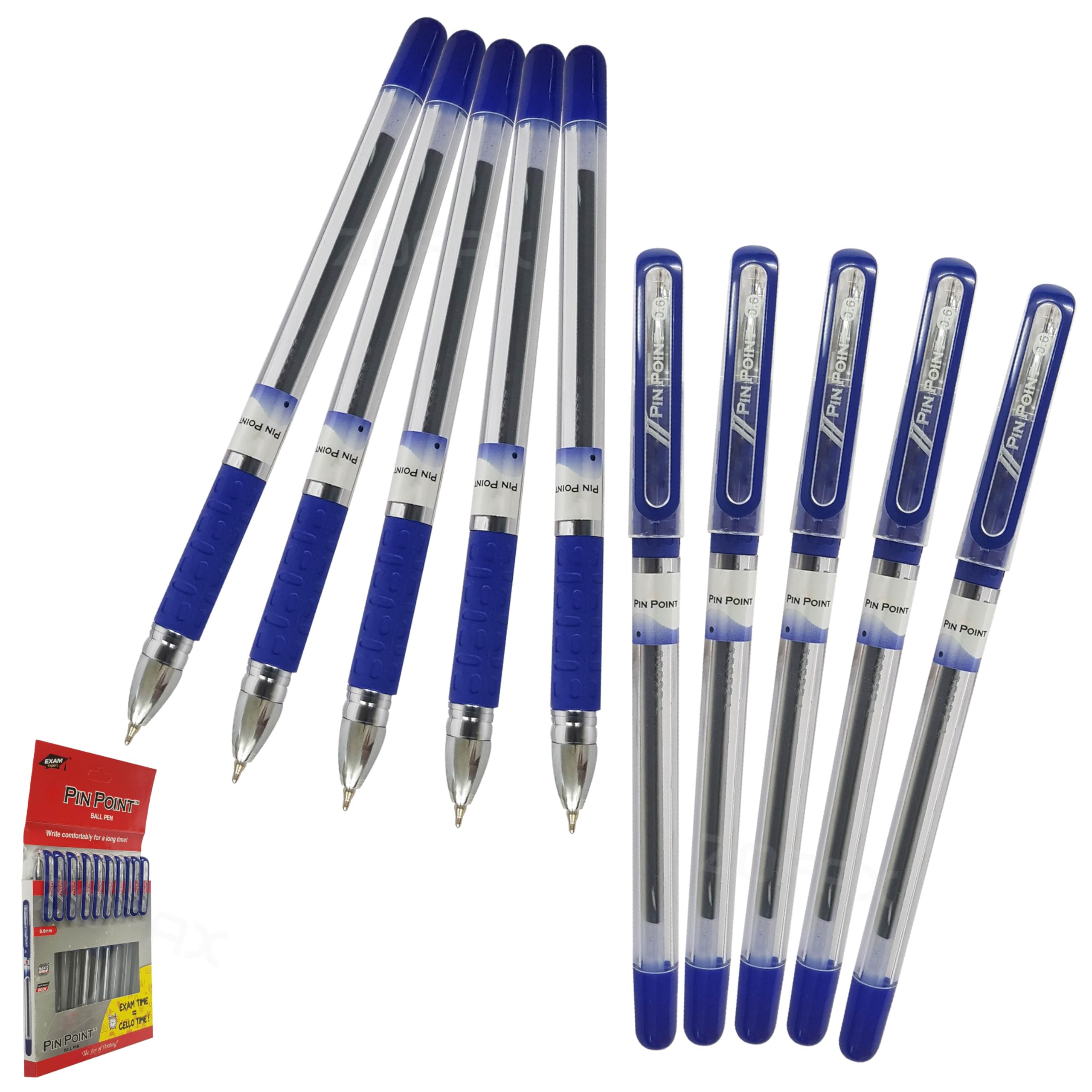 PINPOINT Ballpoint Pens, BLUE, Fine Point (0.6mm), Pack of 10, Elasto Grip, Fine Ball Pens, Perfect for School Office Home Use, iZOFAX Black Ball Pen