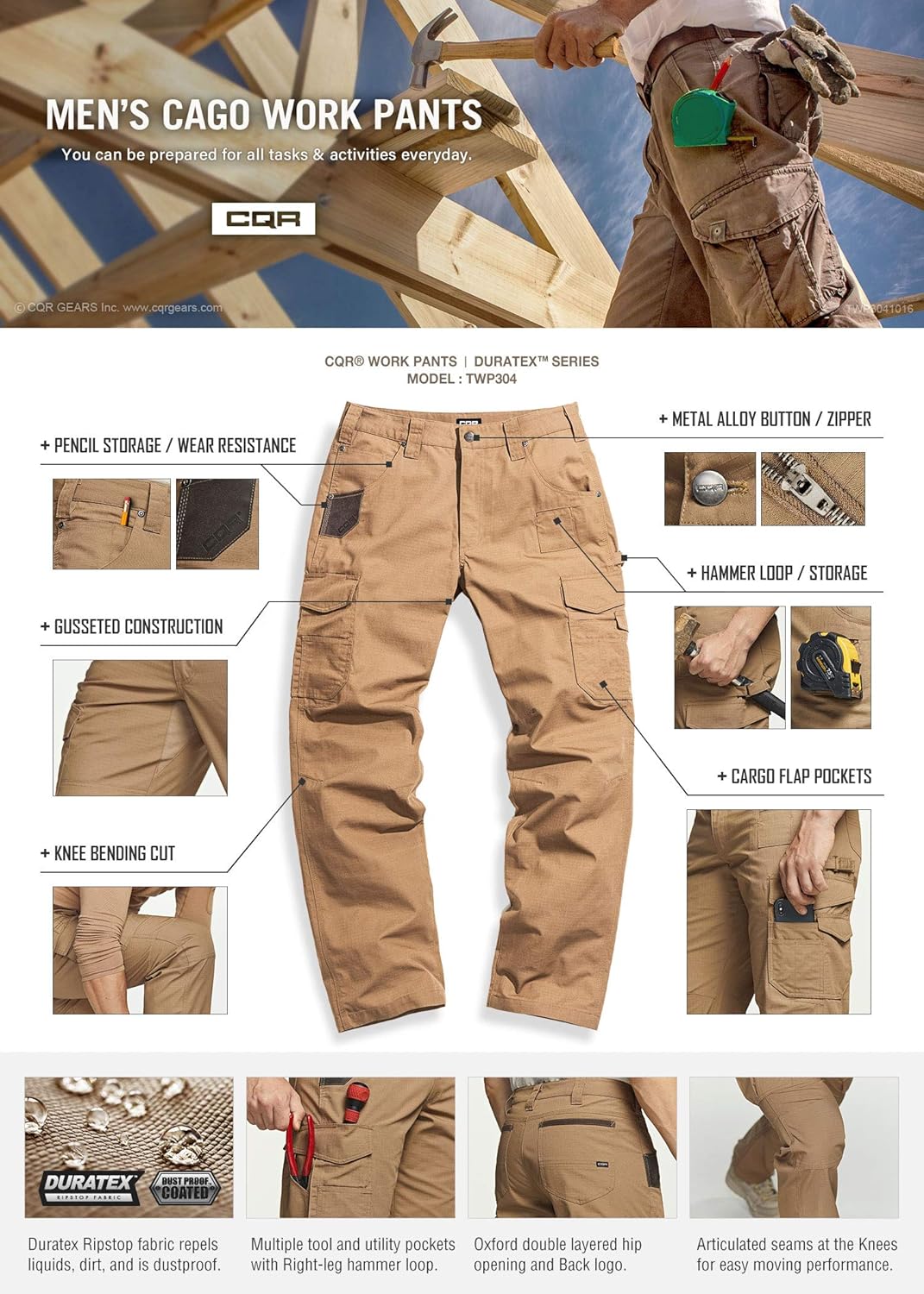 CQR Men's Ripstop Work Pants, Water Repellent Tactical Pants, Outdoor Utility Operator EDC Straight/Cargo Pants: Clothing
