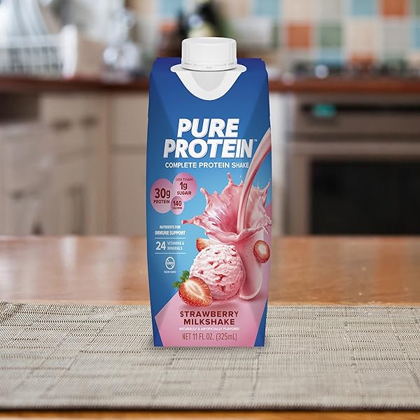 PURE PROTEIN STRAWBERRY PROTEIN SHAKE, 30G COMPLETE PROTEIN, READY TO DRINK AND KETO-FRIENDLY, VITAMINS A, C, D, AND E PLUS ZINC TO SUPPORT IMMUNE HEALTH, 11OZ BOTTLES, 12 PACK