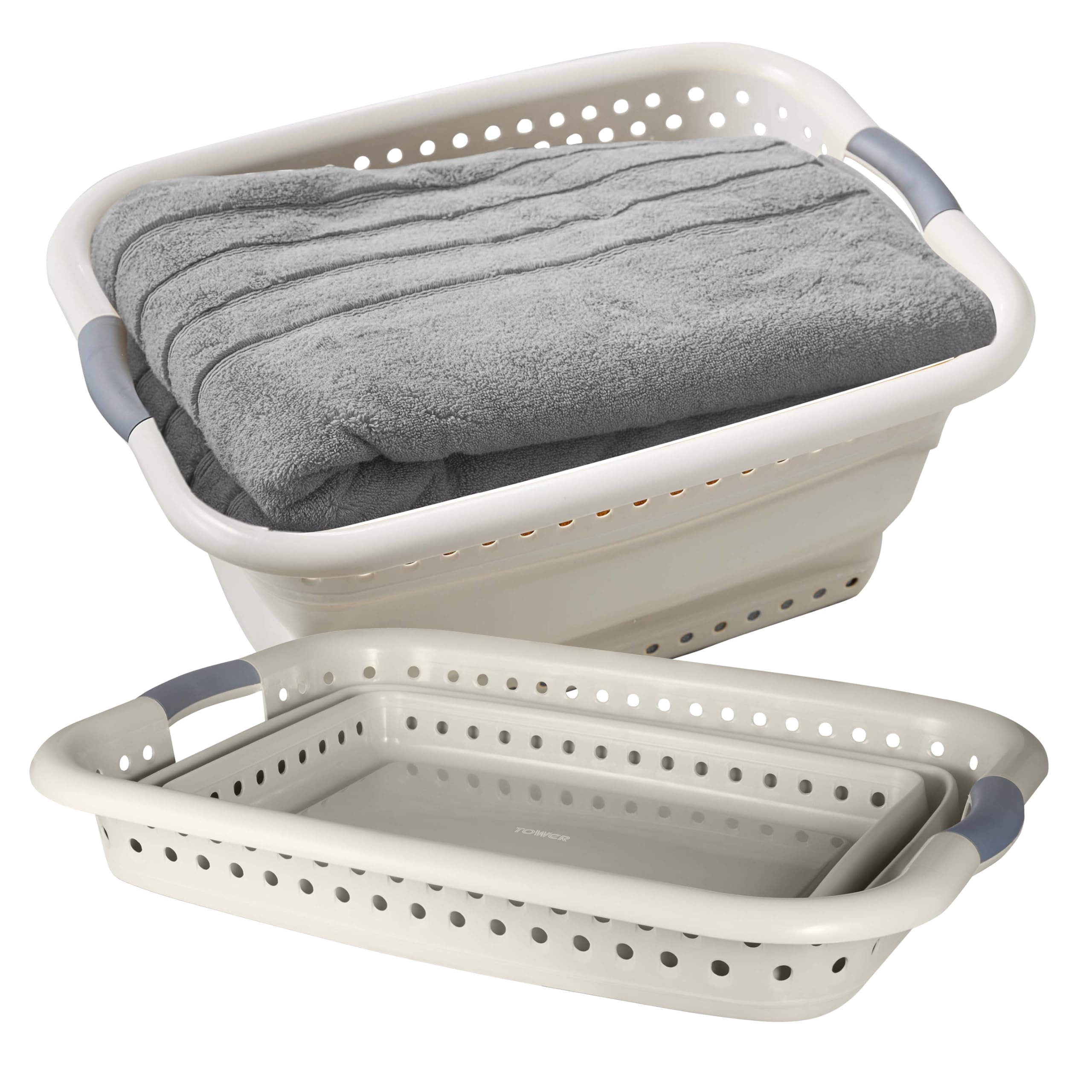 Tower Collapsible Laundry Basket with Pop-Up Design, 42L, 7.5 x 61 x 45cm, Latte