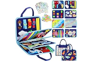 Esjay Toddler Busy Board Montessori Toys for Boys, Sensory Board Educational Activities for Learning Fine Motor Skills, Birthday Gifts for Boys Toddlers, Travel Toys for Airplane Car, Blue Dinosaur