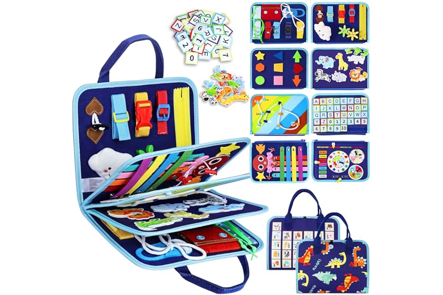 Esjay Toddler Busy Board Montessori Toys for Boys, Sensory Book Educational Activities for Learning Fine Motor Skills, Birthday Gifts for Boys Toddlers, Travel Toys for Airplane Car, Blue Dinosaur