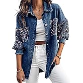 CHICME Womens Casual Denim Jacket for Women Contrast Sequin Long Sleeve Rhinestone Denim Jackets