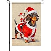 HOMETITUTE Merry Christmas Dog Garden Flag 12x18 Inch Double Sided Dachshund Puppy in Santa Costume with Toy Rider Funny Holiday Pet Flags Outdoor Winter Yard Banner Small Welcome Flag