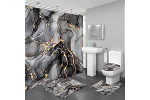 BayNook 4PCS Black Grey Marble Bathroom Sets with Shower Curtain and Rugs, Abstract Shower Curtain Sets with Rugs, Modern Bathroom Curtains Shower Set Accessories with Toilet Lid Cover