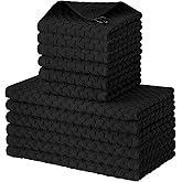 Fintale 100% Cotton Kitchen Towels and Dishcloths Set, 12 x 12 & 15 x 25 Inches, Set of 12 Bulk Super Soft and Absorbent Terry Cloth Dish Towels, Quick Drying Hand Towels with Hanging Loop, Black