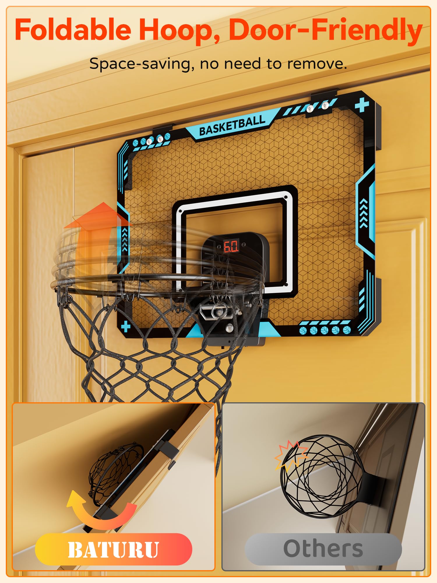 Mini Basketballkorb Indoor Kinder fürs Zimmer, Basketball Korb mit Elektronische Anzeigetafel, Faltbar, 3 Basketball, Sport Basketball Spielzeug Geschenke für Jungs Jungen (Blau) 5