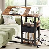 DAPOTUGI Adjustable Overbed Bedside Table with Wheels, Charging Station | Tilting Top, Adjustable Side Table, 2-Tier Storage with Drawer, Over Bed Table, C-Shaped End Table for Beds, Couch