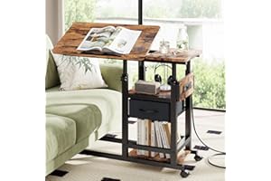 DAPOTUGI Height Adjustable Overbed Table with Wheel and Charging Station, Tiltable Desk C Shaped End Table for Couch, 2-Tier Overbed Bedside Desk with Storage Shelve for Living Room Bedroom
