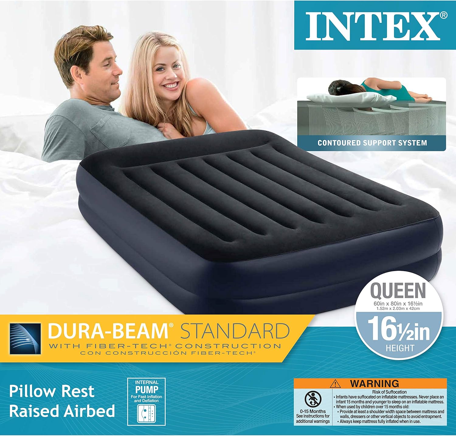 Intex Dura-Beam Series Pillow Rest Raised Airbed w/Built-in Pillow & Internal Electric Pump, Bed Height 16.5", Queen: Sports & Outdoors