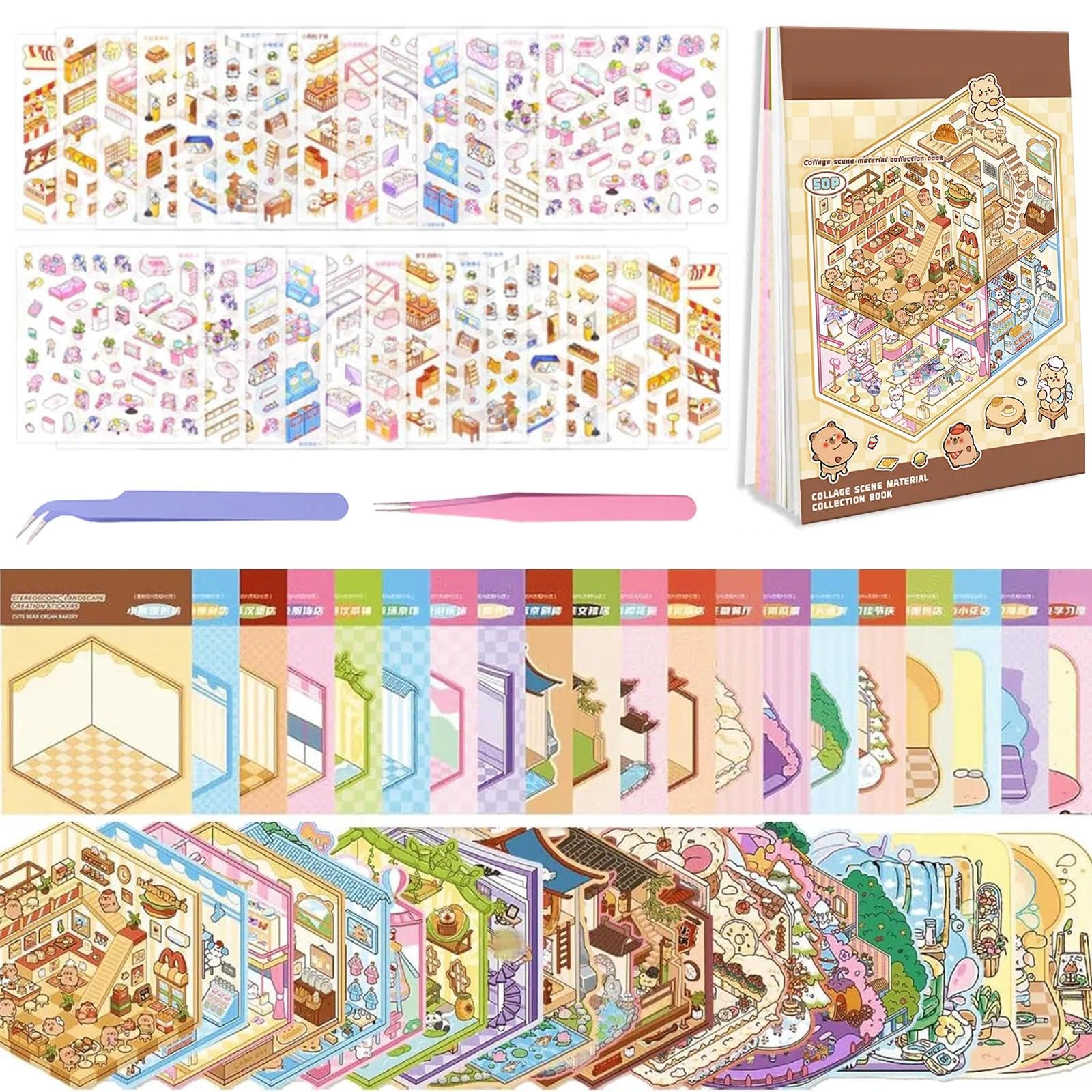52 Piece Cartoon 3D Sticker Scene Book Set, DIY 3D Stickers, Sticker Book, Includes 2 Tweezersfor Leisure, Stress Relief, Beautification, DIY Creation, Gift-Giving, Education/Craft Classes