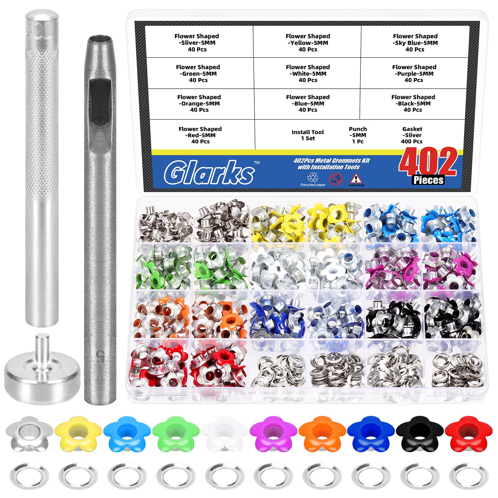 Glarks 402pcs 5mm(3/16in) Flower Eyelets Grommet Set, 10 Colors Metal Flowers Eyelets with 2pcs Install Tool Kit for Shoe Eyelets, Belt, Bags and Other Leather Project