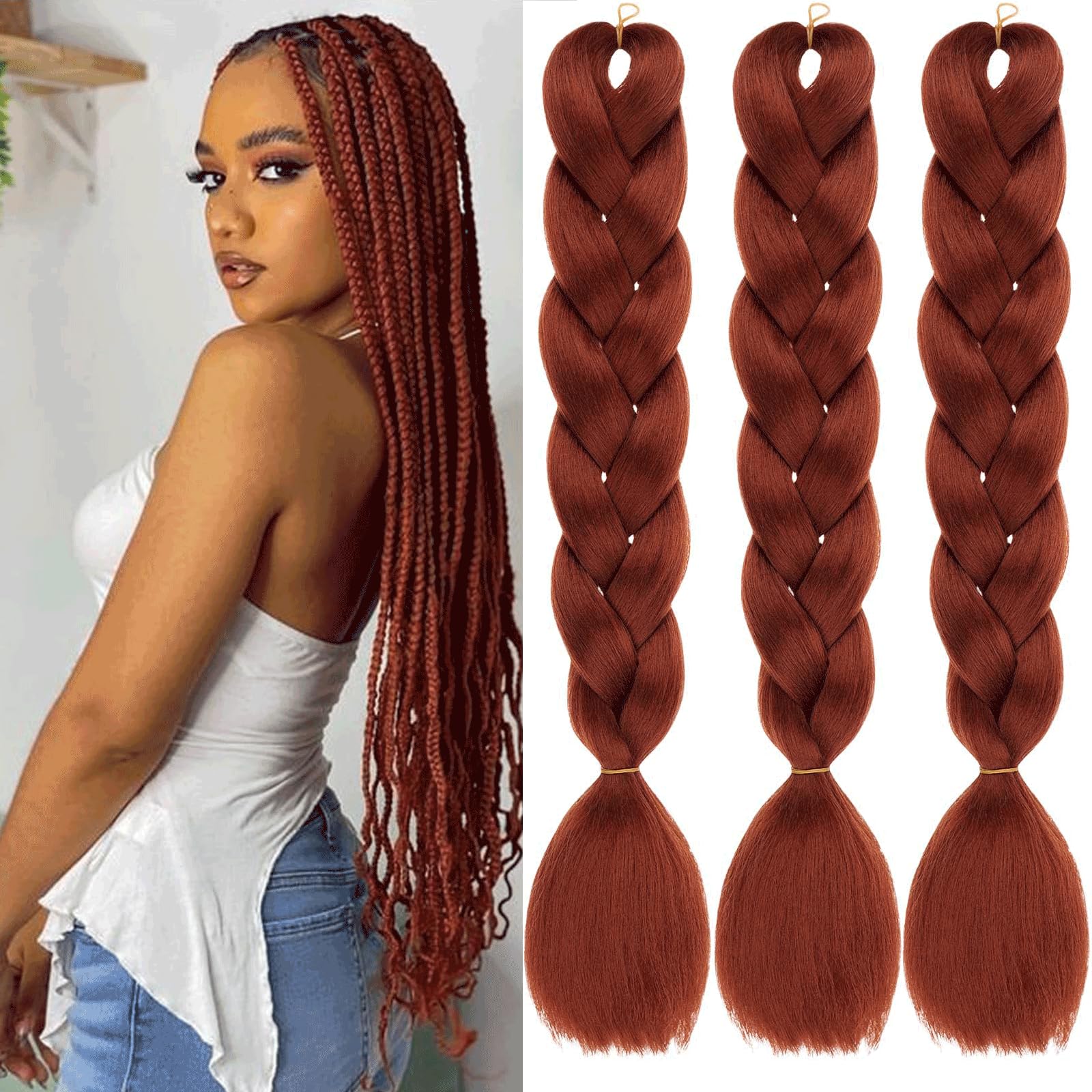 Xtrend 3 Packs 24 Inch Copper Red Jumbo Braiding Hair for Twist Box Braids - Kanekalon Synthetic High Temperature Hair (3 Packs, 350#) โ image 1