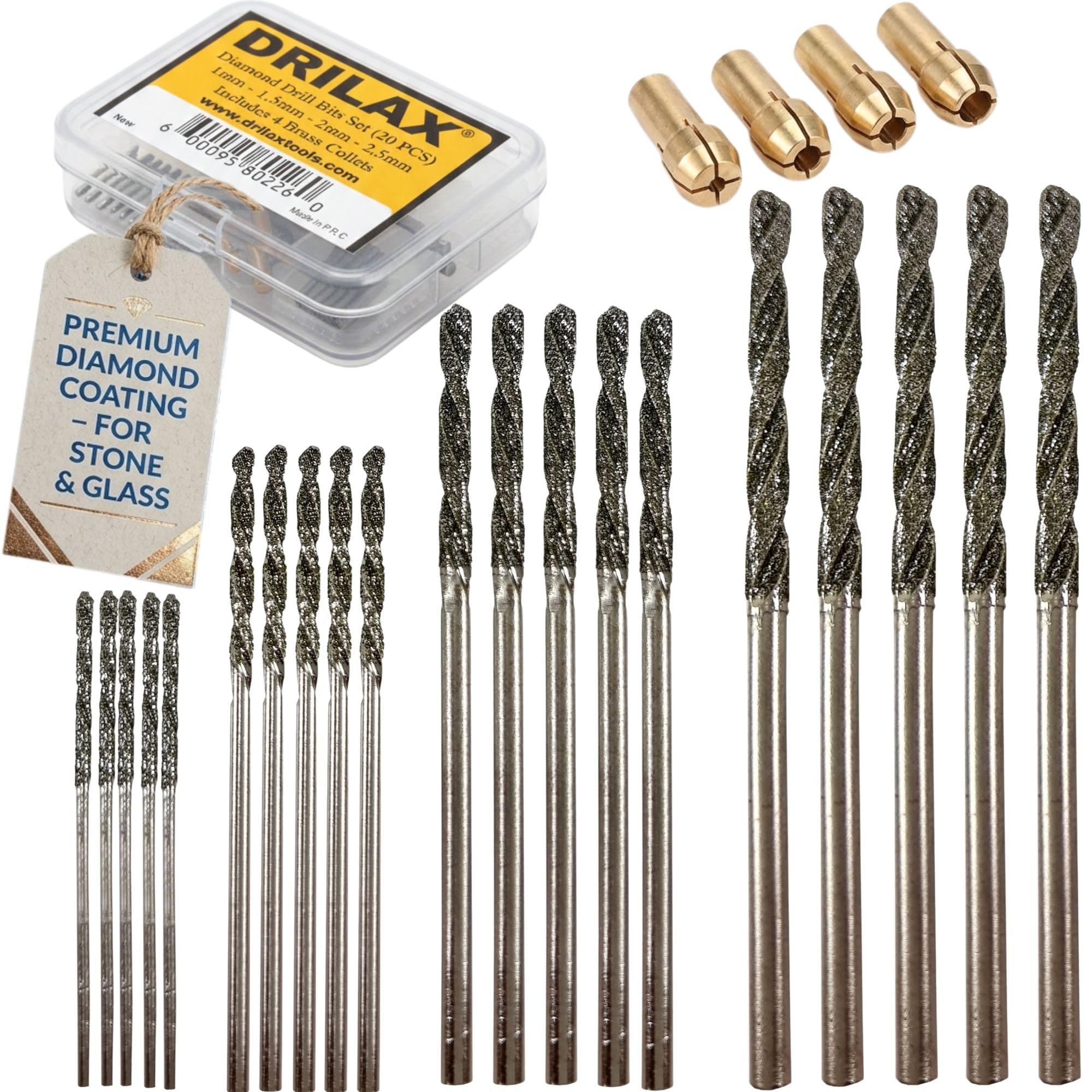 Drilax 24-Piece Diamond Drill Bit Set (1mm, 1.5mm, 2mm, 2.5mm) Compatible with Dremel Rotary Tools, Includes 4 Collets – for Stones, Sea Glass, Shells, Gemstones & Jewelry