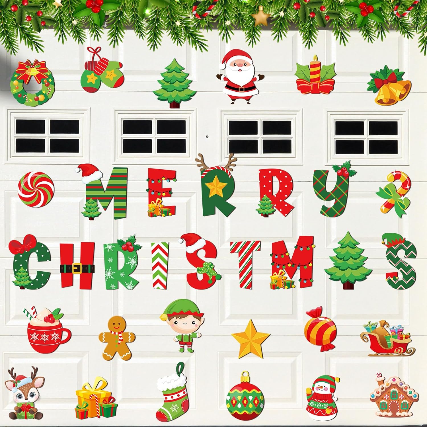 Garage Door Decorations - 34 pcs Merry Christmas Garage Door Magnets Decoration Snowman Santa Claus Truck Candy Car Magnets Sticker Magnetic Holiday Refrigerator Magnets for Xmas Party Supplies Winter House School Decor