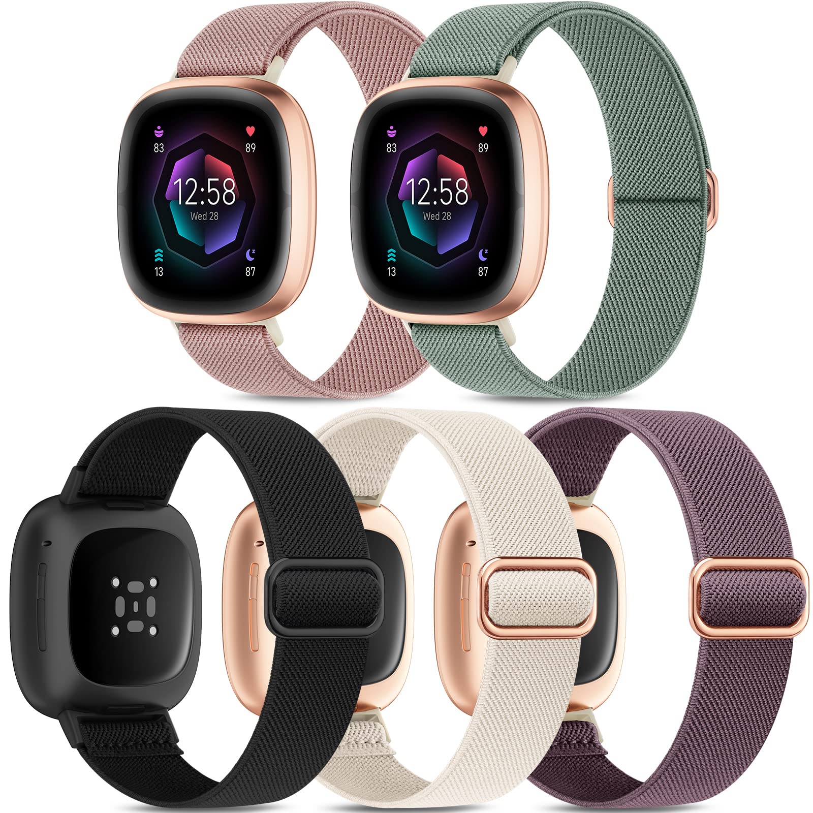 Higgs 5 Pack Straps Compatible with Fitbit Versa 4 Strap/Fitbit Versa 3 Strap/Fitbit Sense 2 Bands for Women Men, Soft Elastic Nylon Sport Replacement Band for Versa 4/Versa 3/Sense,Color 3