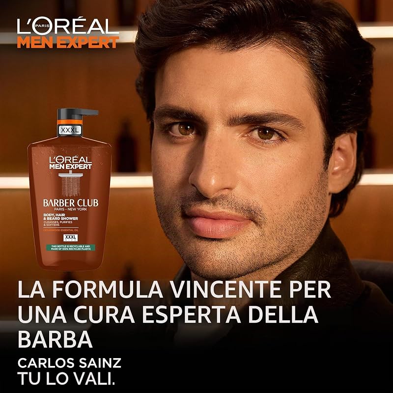 L'Oréal Men Expert Gel doccia Barber Club formulato con olio di legno di cedro per fornire pulizia, nutrizione e idratazione di barba, pelle e capelli