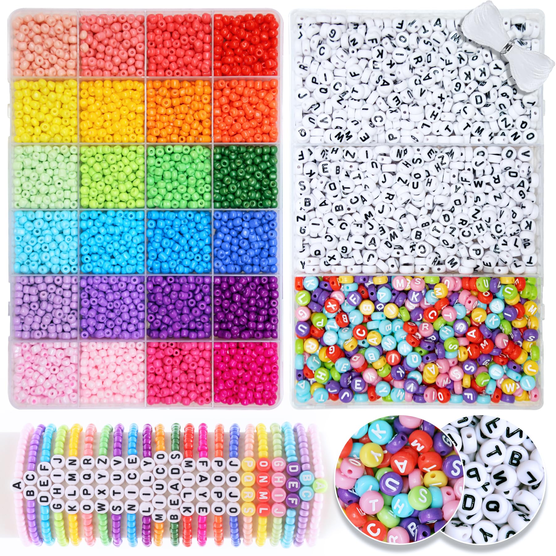 MiuCo 4mm Glass Seed and Letter Beads for Friendship Gifts Bracelet Making Kit, 24 Colors Small and Alphabet Beads with 10M Elastic String Cord for Jewellery Making Kit for Art Craft Girls Gift
