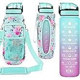 Newfad 32 oz Water Bottle with Straw and Sleeve, Motivational Water Bottle with Time Marker and Adjustable Shoulder Strap, BPA Free Leakproof Sport Water Jug for Hiking, Gym