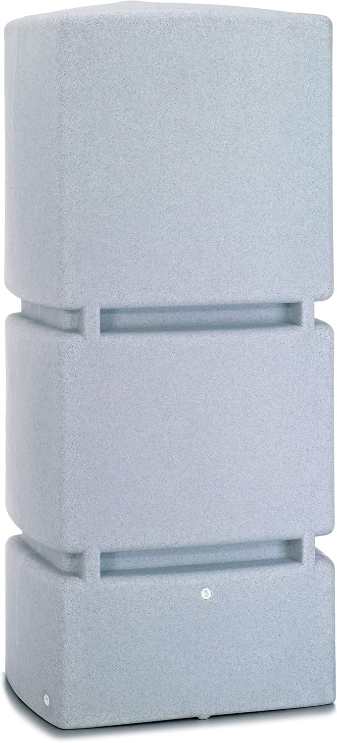 Regentonne eckig Regenwassertank Jumbo 800 Liter granit grau aus UV- und witterungsbeständigem Material. Frostsichere Regenwassertonne bzw. Regenfass Wandtank mit hochwertigen Messinganschlüssen