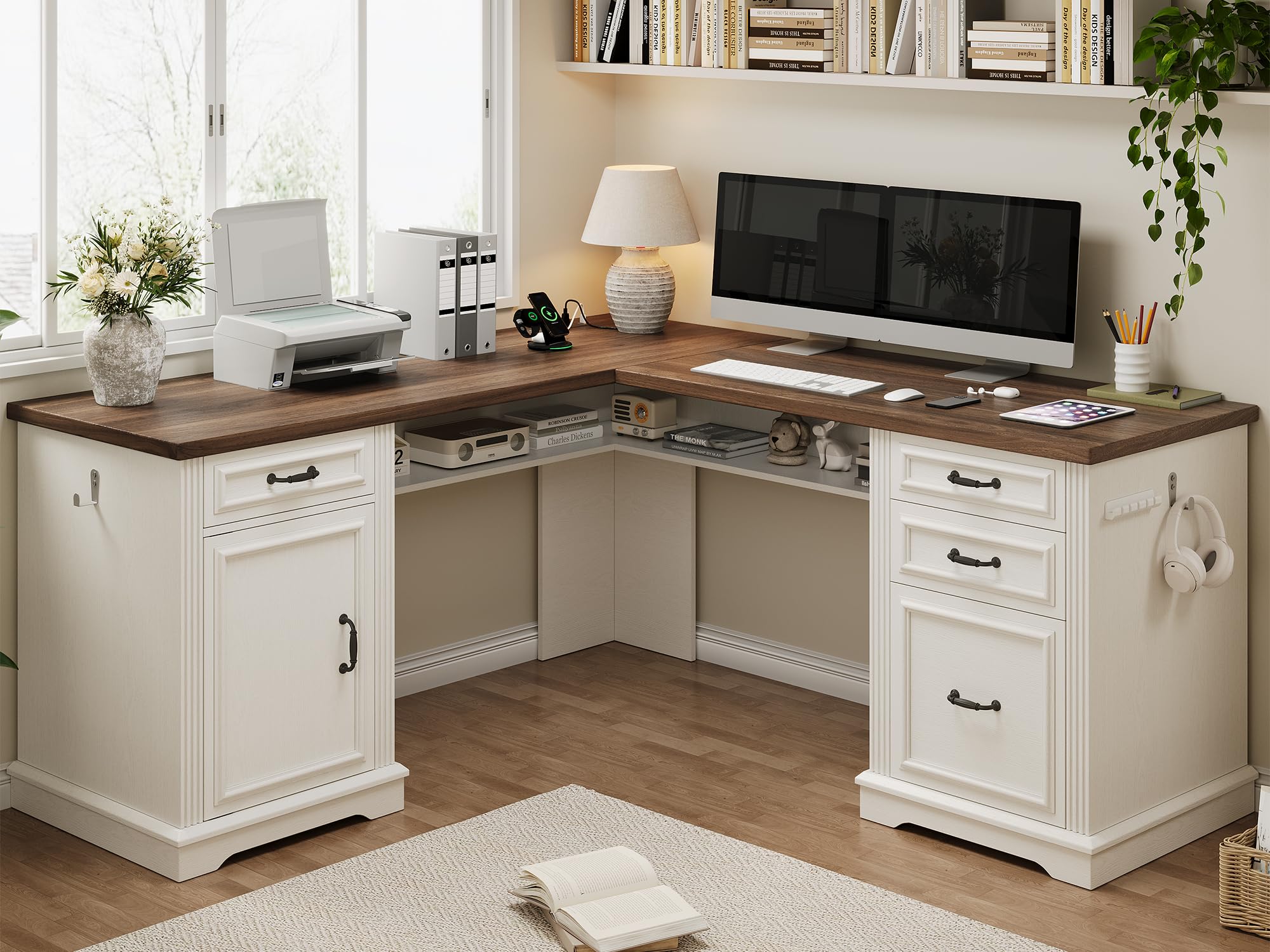 Photo 1 of ** BROKEN  TOP PIECE *** Farmhouse L Shaped Executive Desk with 4 Drawers, Home Office Desk with Hidden Under-Desk Storage Shelf and Charging Station, File Cabinet Storage, Wood Corner Computer Desk for Work(White+Brown)