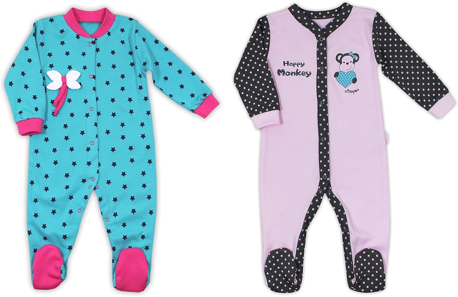 Baby Strampler Langarm 2er Set, mit Füßen, Mädchen Schlafstrampler, Schlafanzug, Schlafoverall