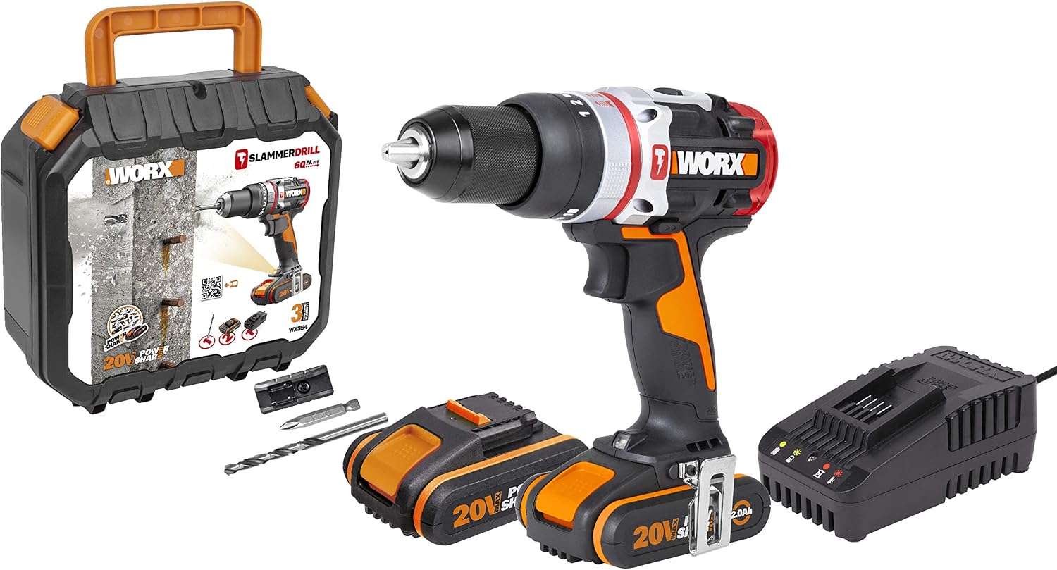 WORX Nitro 18V(20V MAX) Cordless Impact Drill WX354, Slammer Drill, 60N.m, 2-Speed, 2 x 2Ah Batteries Included