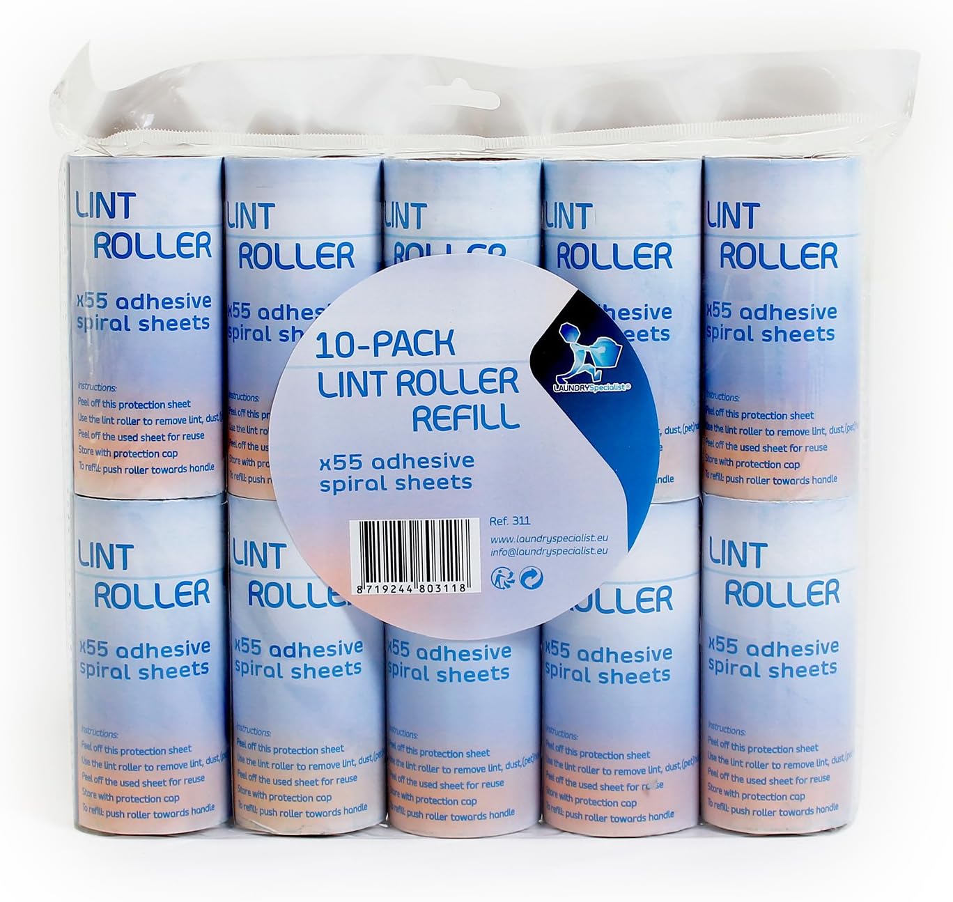 LaundrySpecialist® REFILL SET for lint roller with 10 refills for the easy removal of pet hair and fluff from all textiles - 10 rolls of 55 spiral sticky sheets/approx. 8 metres per roller
