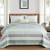 DJY Striped Quilt Set Queen Size, Sage Green Boho Bedspread Set 3 Pieces Patchwork Coverlet Bedding Set Lightweight Soft Microfiber for All Season (96"x90")