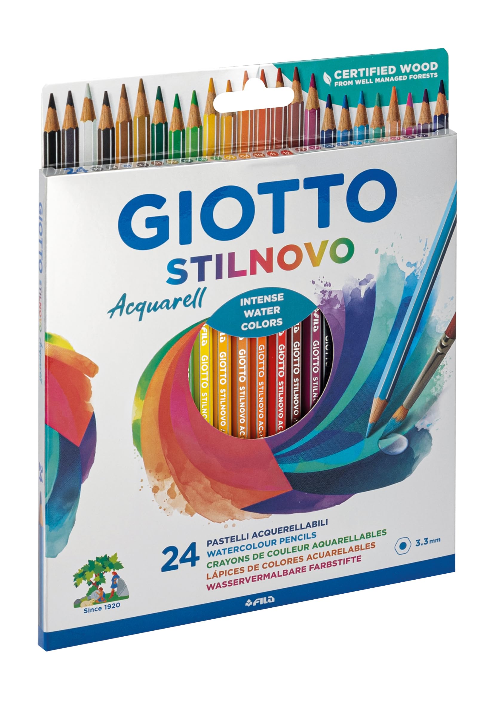 GIOTTO Stilnovo Acquarell Watercolour Colouring Pencils, 24 Assorted Colours, For Children, Parties and Schools — image 1