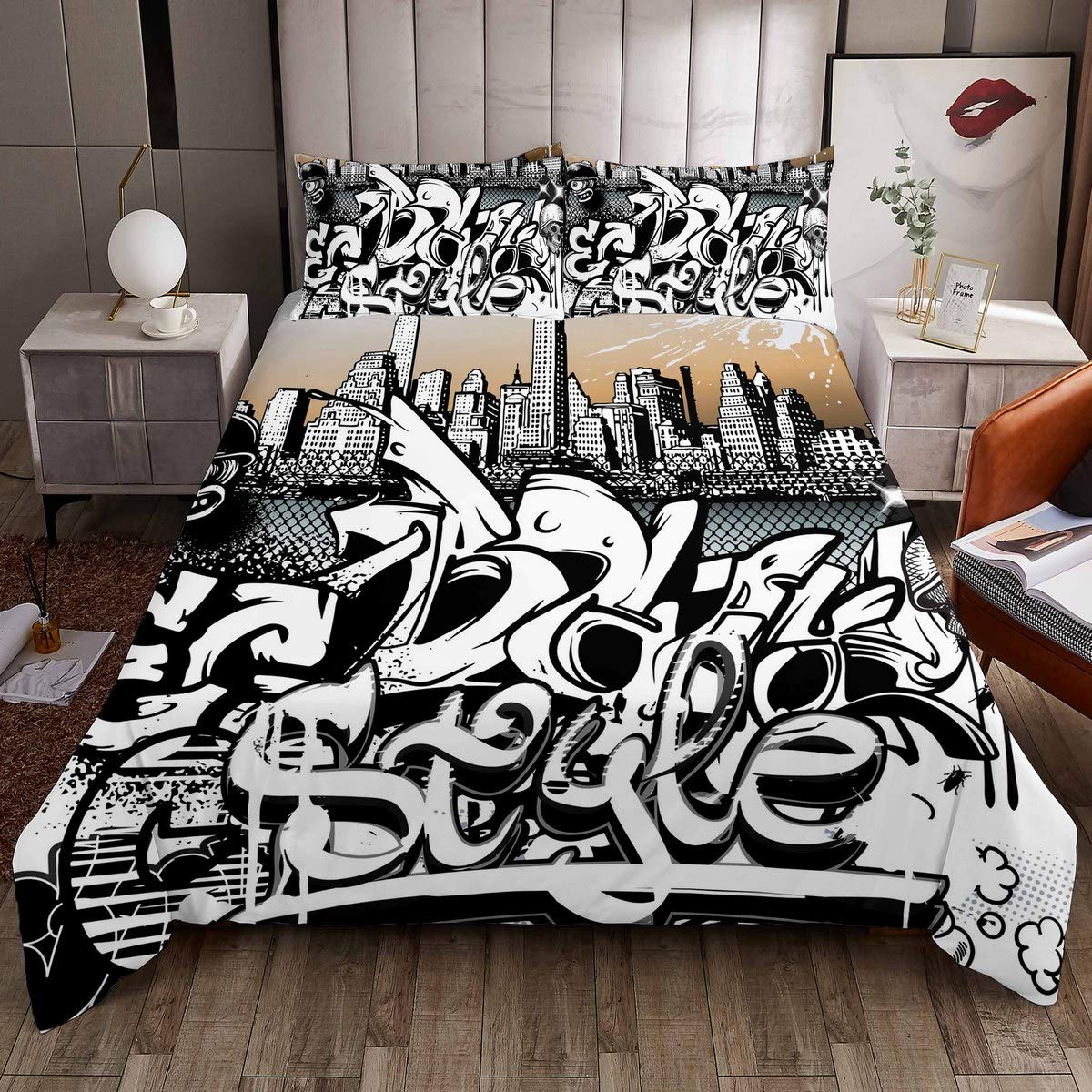 Hippie Graffiti Style Comforter Cover Hip Hop Decor Bedding Set for Boys Girls Children Street Culture Duvet Cover Modern Graphic Wall Urban Art Bedspread Cover Room Decor Double Size Quilt Cover 3Pcs