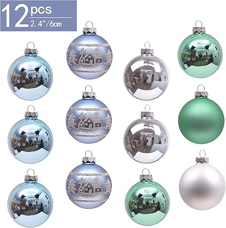 Valery Madelyn 12pcs Boules De Noël En Verre 236 6cm Décoration Darbre De Noël Boule De Noël En Verre Bleu Vert Et Argent Avec Des Paillettes