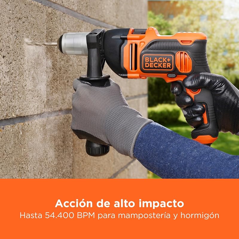 Taladro percutor de 1 marcha 850W, velocidad variable, bloqueo del eje, compacto y ligero, incluye 6 brocas y caja de herramientas, BEH850K-QS