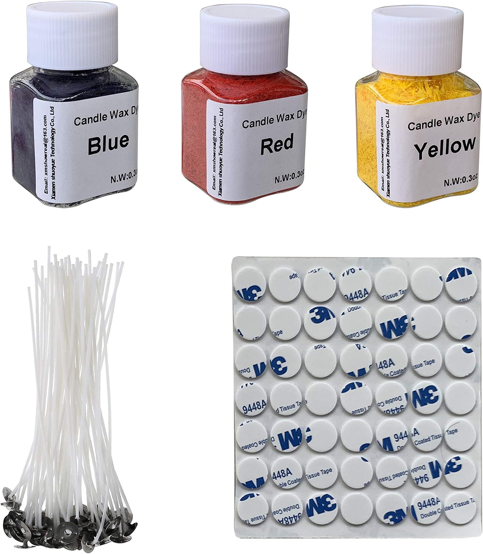 Basic DIY Candle Making Set， 3 Primary Color high Concentration Bottled Candle Wax Dye, 50 Pieces 5 Inch Pre-Waxed Pre-Tabbed Low Smoke Candle Wicks with Stickers