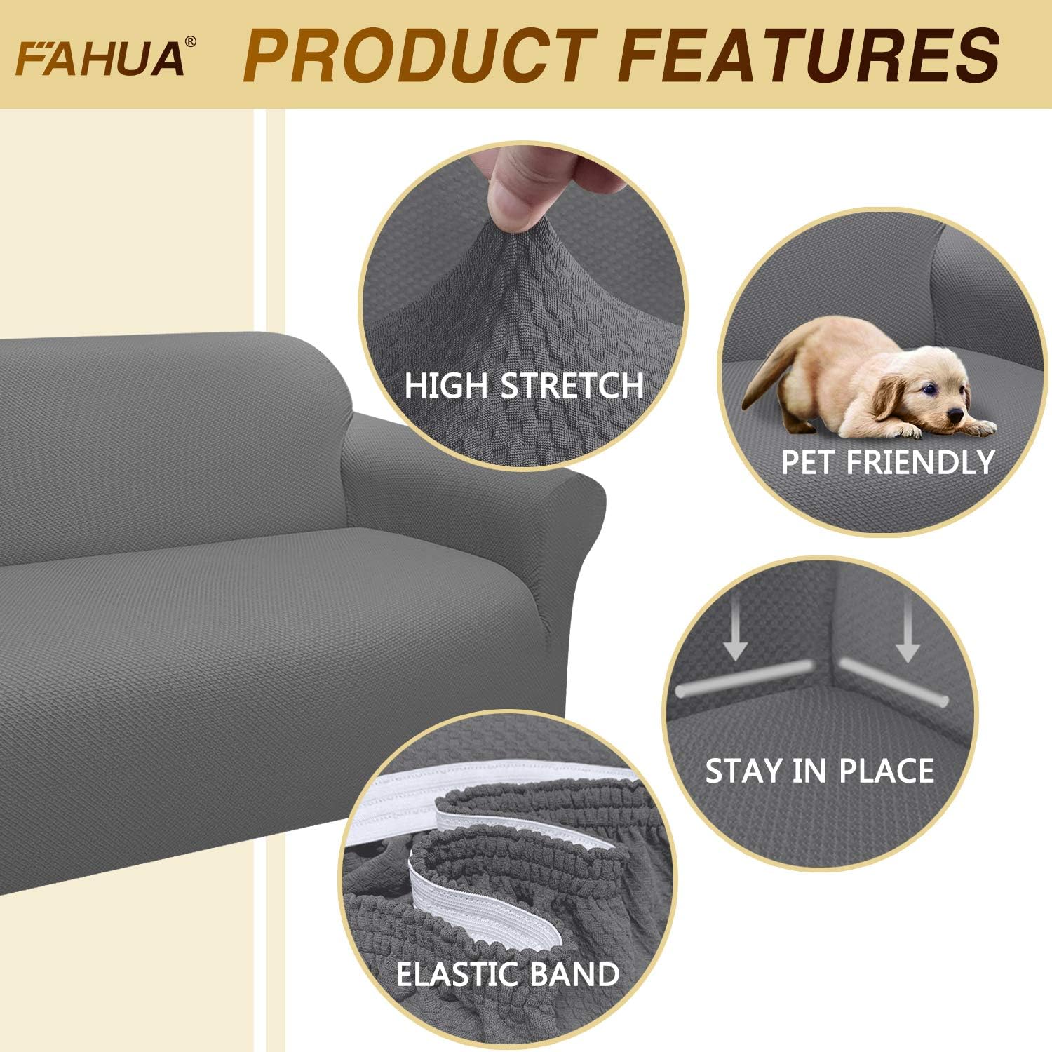 FAHUA Thick Couch Covers for 3 Cushion Couch 1-Piece Stretch Sofa Cover Slipcover Jacquard Non-Slip Furniture Protector for Dogs Pets Kids (Large, Light Gray): Kitchen & Dining