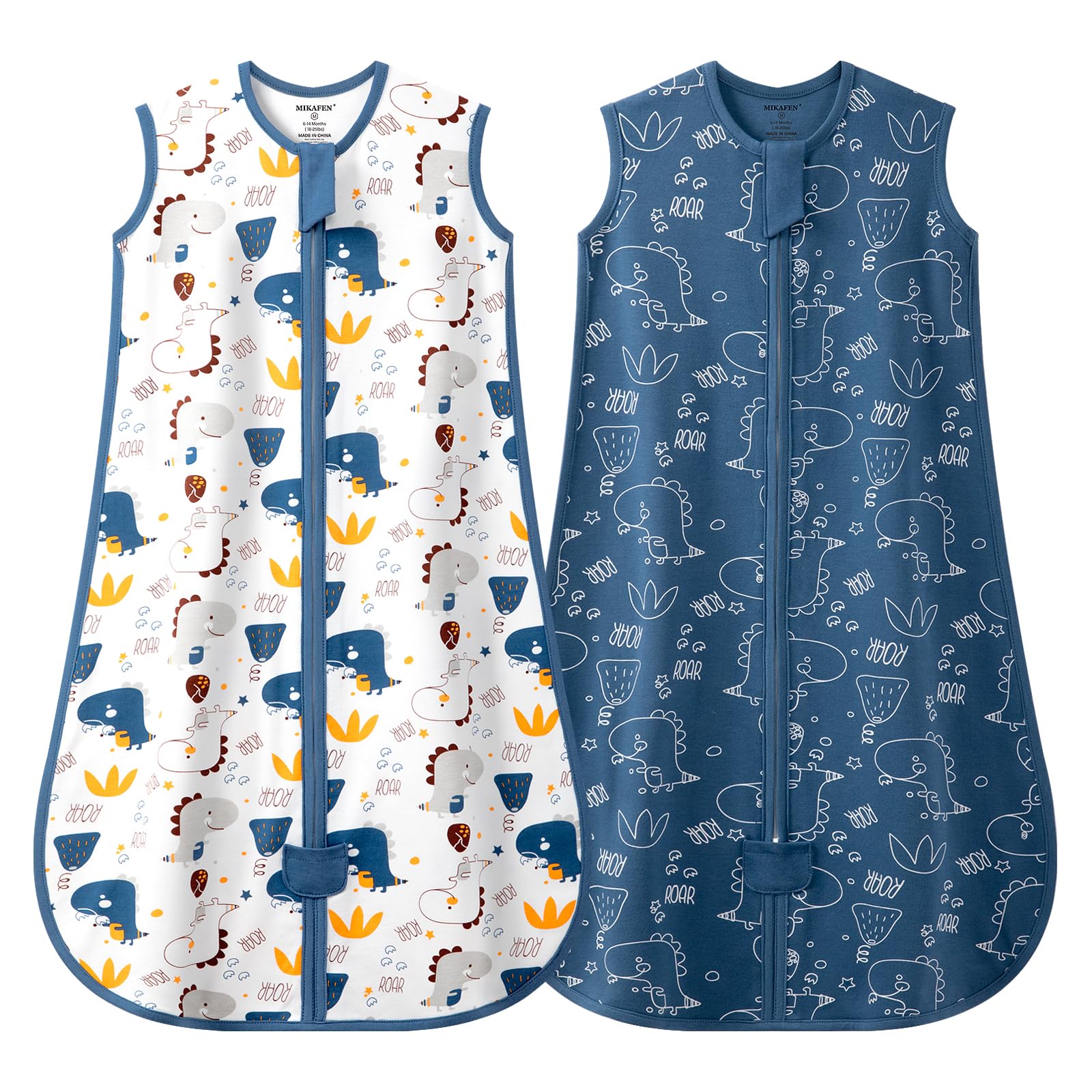 MIKAFEN 2pc Baby Sleeping Bag Spring and Summer 0.5Tog,Cotton Sleeveless Baby Sleep Sack/Baby Swaddle,Dinosaur&DarkBlue 6-14months