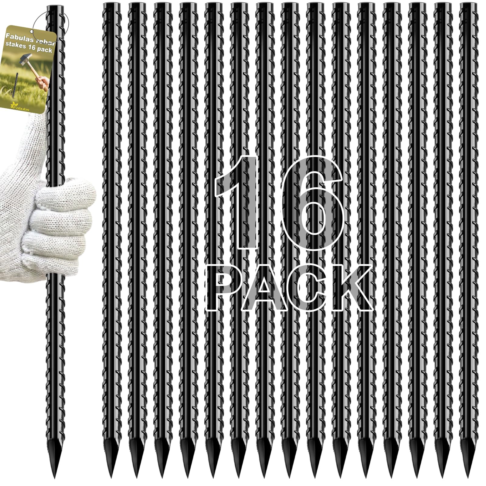 Photo 1 of Fabulas Rebar Stakes, 16 inch 16 Pack Ground Stakes Heavy Duty with Chisel Point End, 3/8" Diameter Straight Steel Metal Anchor for Garden Driveway Markers Concrete Form Landscape Camping Plant Black