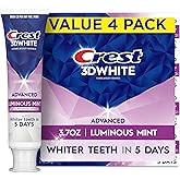 Crest 3D White Advanced Luminous Mint Teeth Whitening Toothpaste, Crest Toothpaste, 3.7 oz Pack of 4 - Helps Remove Surface Stains, Whitens Teeth, Strengthens Tooth Enamel, Protects Against Cavities