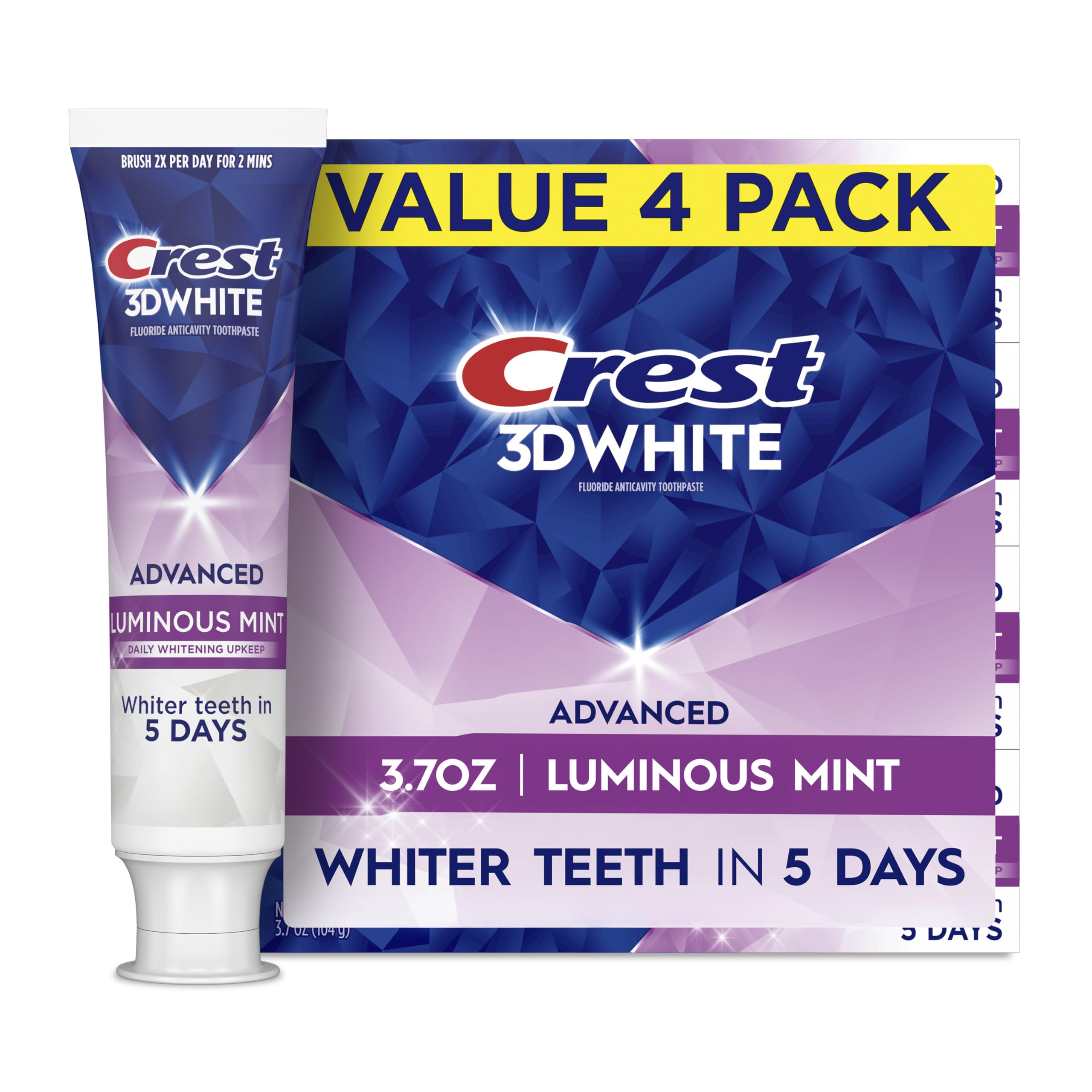 Photo 1 of **Only one**Crest 3D White Advanced Luminous Mint Teeth Whitening Toothpaste, Crest Toothpaste, 3.7 oz Pack of 4 - Helps Remove Surface Stains, Whitens Teeth, Strengthens Tooth Enamel, Protects Against Cavities