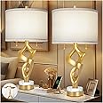 Scenekoy Sculptural Table lamp Set of 2 for Living Room with Marble Base & USB Ports, Gold Leaf Finish Rustic Bedside Lamps with S Cluster Pull Chains Switch, Nightstand Lamp for Office Hotel Bar