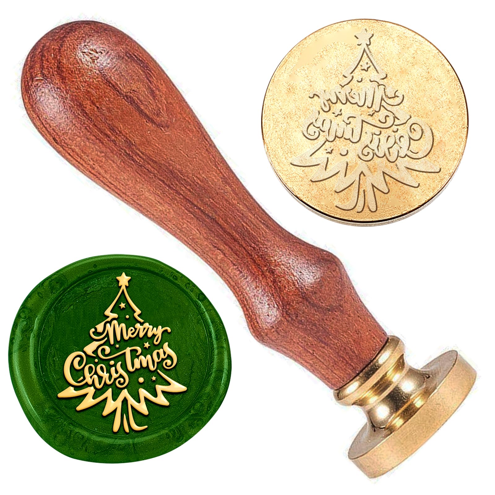 DELORIGIN Christmas Tree Wax Sealing Stamp, Merry Christmas Wax Stamp Removable Brass Stamp Head with Wood Handle for Envelopes Invitation Cards Wine Packages Greeting Cards Decoration