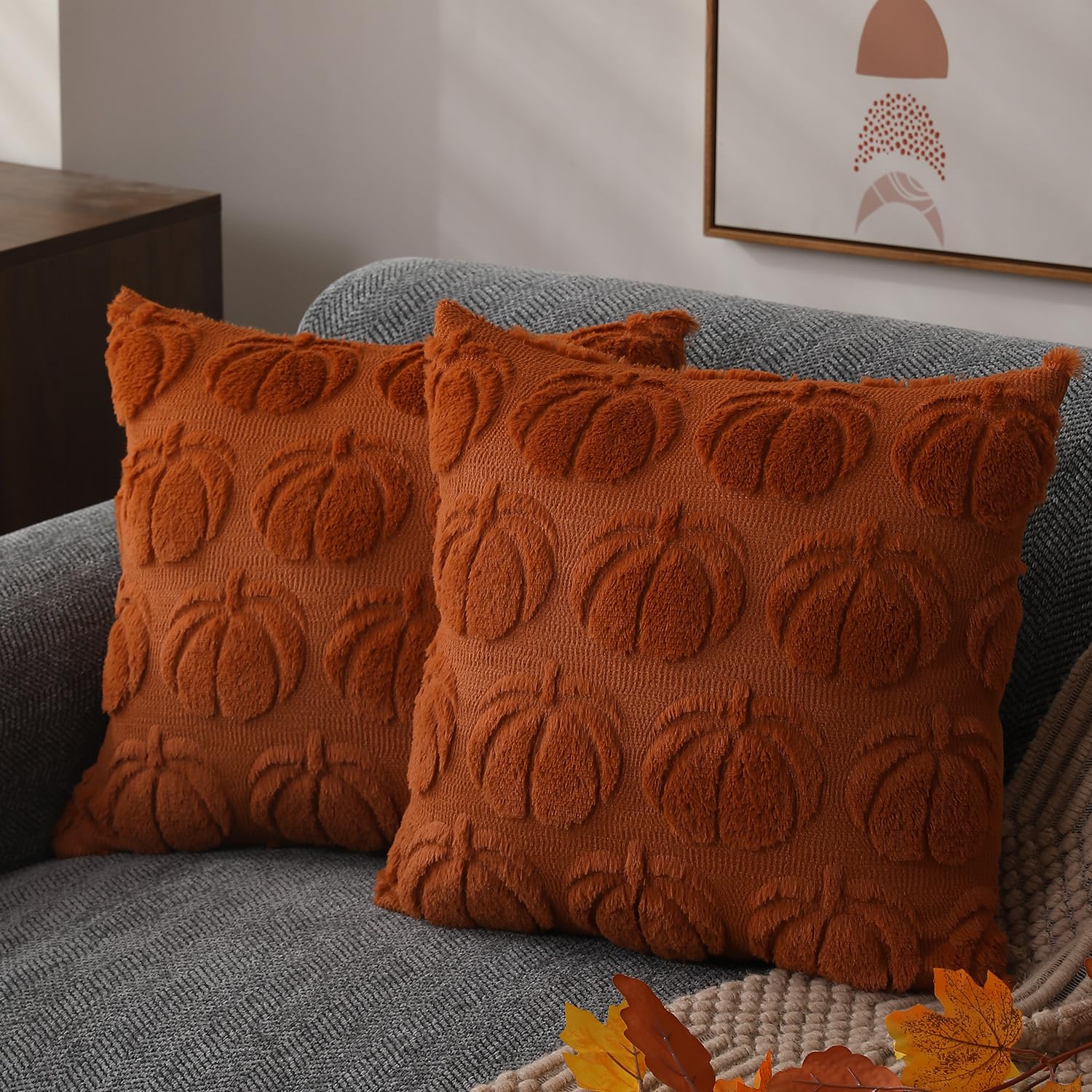 Photo 1 of DFXSZ Fall Pillow Covers 18x18 Set of 2 Fall Decorations Autumn Rust Pumpkin Throw Pillow Cases Soft Plush Faux Fur Wool Couch Cushion Case for Chair Sofa Bedroom Living Room Home Decor PTK012A18