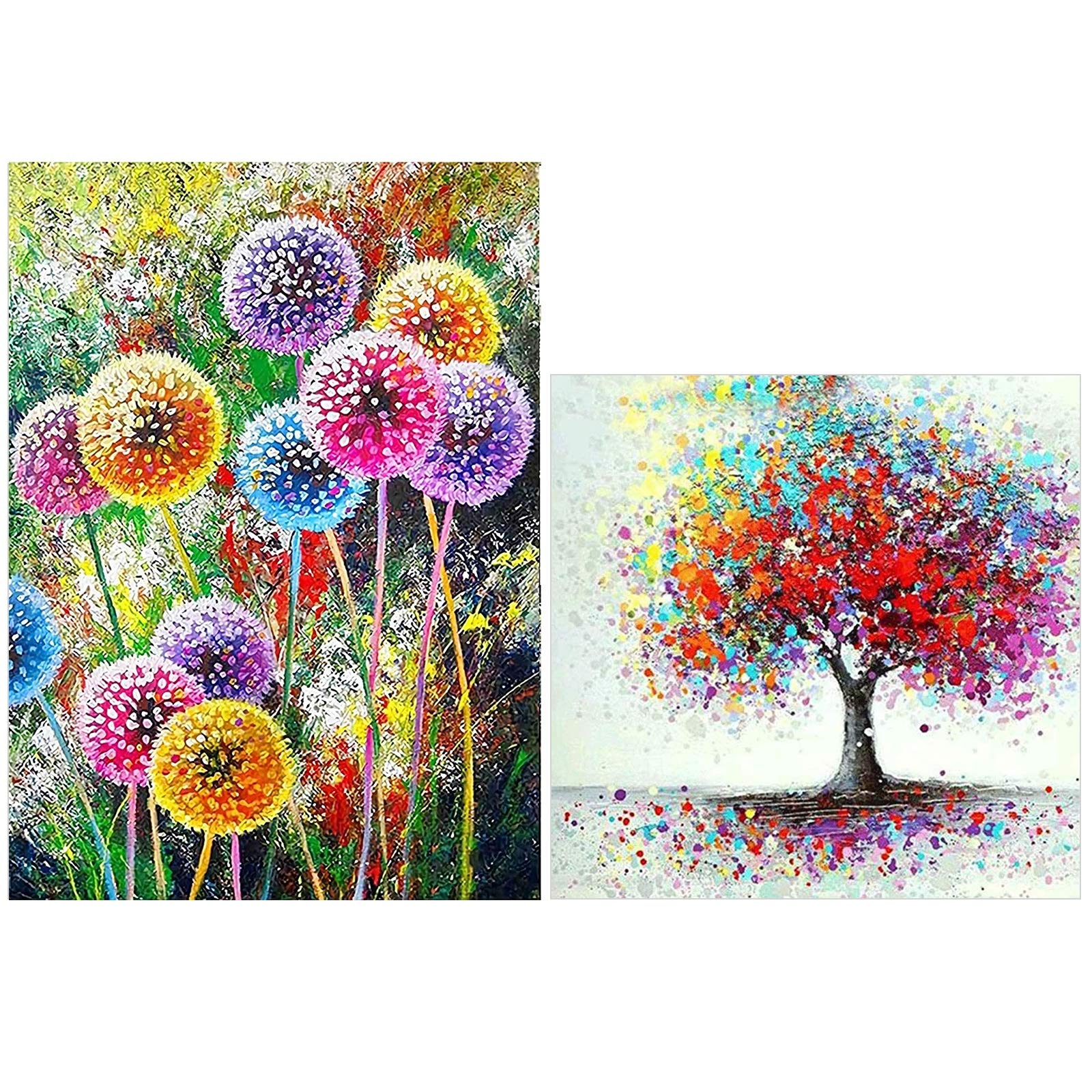 2 Pack 5D Diamond Painting Kit, VEGCOO DIY Diamond Painting Full Kits Art Full Drill Set for Adults or Kids, Home Wall Decor Colorful Tree(35 * 35cm) and Dandelion(30 * 40cm)
