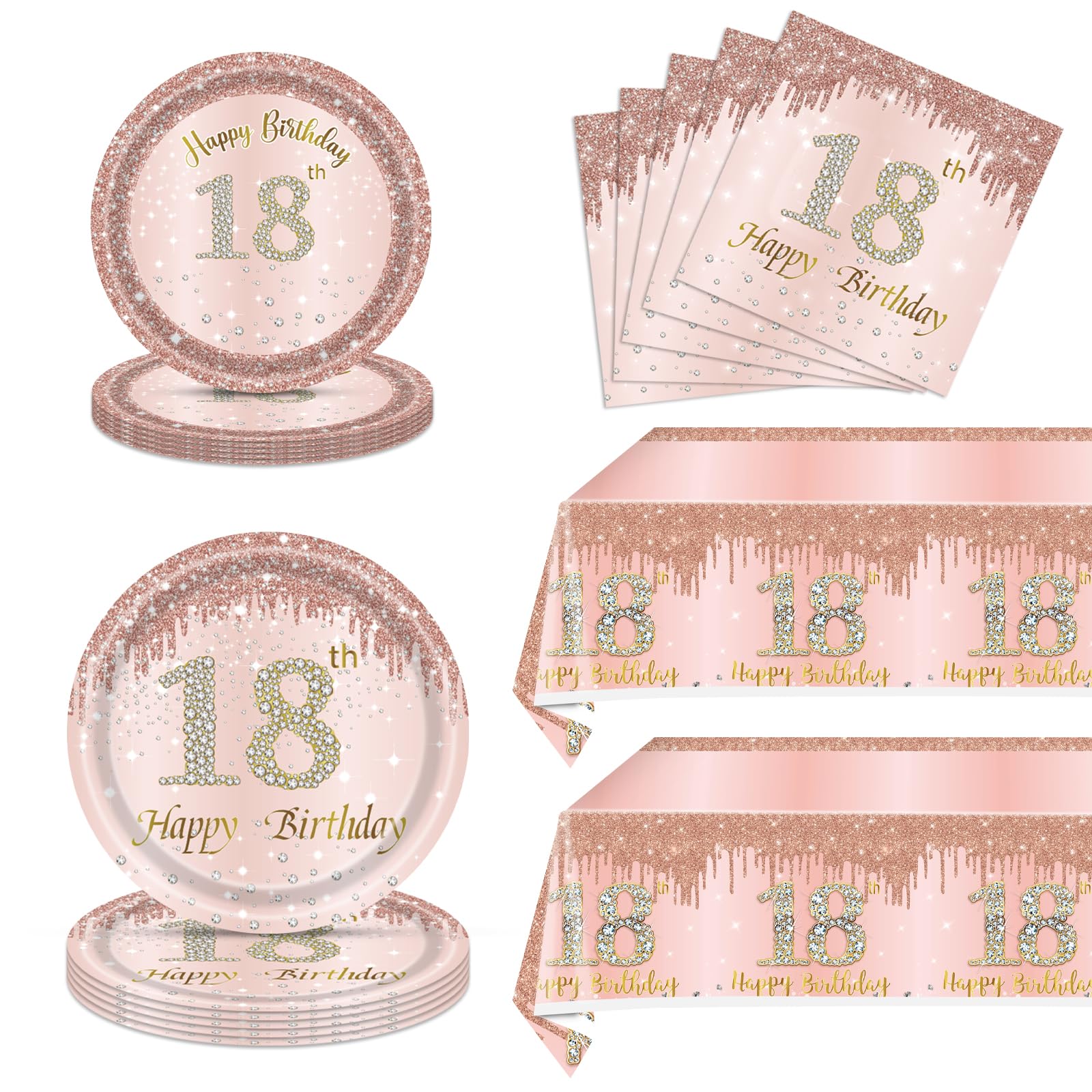 Photo 1 of 62Pcs 18th Birthday Decorations for Girls Her, Rose Gold Birthday Party Supplies Include 40Plates 20Napkins and 2Piece Tablecloth, Rose Gold Princess Party Tableware for 20 Guests