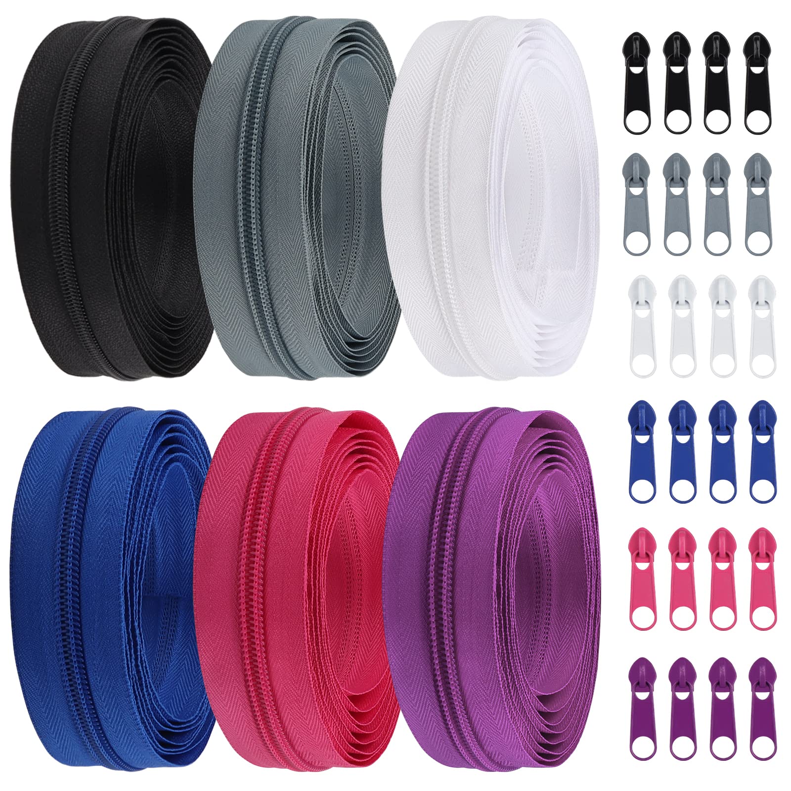 DOITEM 5 mm Zippers 12 m Nylon Endless Zip Set with Slider and Zip for Sewing and Crafts (6 Colors)
